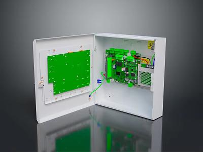 White Computer Case Internal Structure Featuring Green Circuit Board And Electronic Components 3d model
