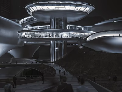 Modern Streamlined Architecture With Multi Level Design Nighttime Lighting And People Walking Spaces 3d model