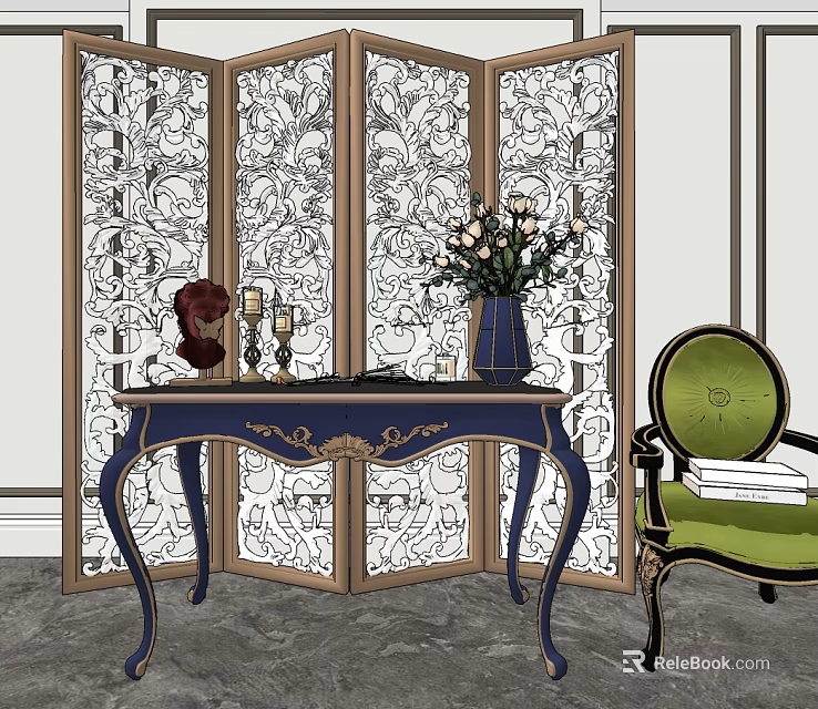 Elegant Console Table with Vase Flowers Candlesticks Green Chair and Decorative Floral Screen 3d model 