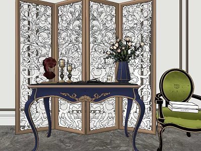 Elegant Console Table with Vase Flowers Candlesticks Green Chair and Decorative Floral Screen 3d model
