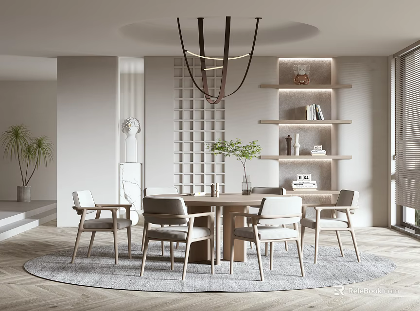 Modern Restaurant Dining Area With Wooden Table Chairs Chandelier Gray Rug And Decorative Shelves 3d model 