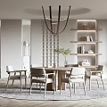 Modern Restaurant Dining Area With Wooden Table Chairs Chandelier Gray Rug And Decorative Shelves