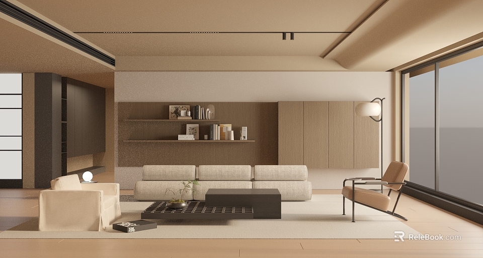Modern Minimalist Living Room Interior With Beige Sofa Coffee Table Bookshelf And Floor Lamp 3d model 
