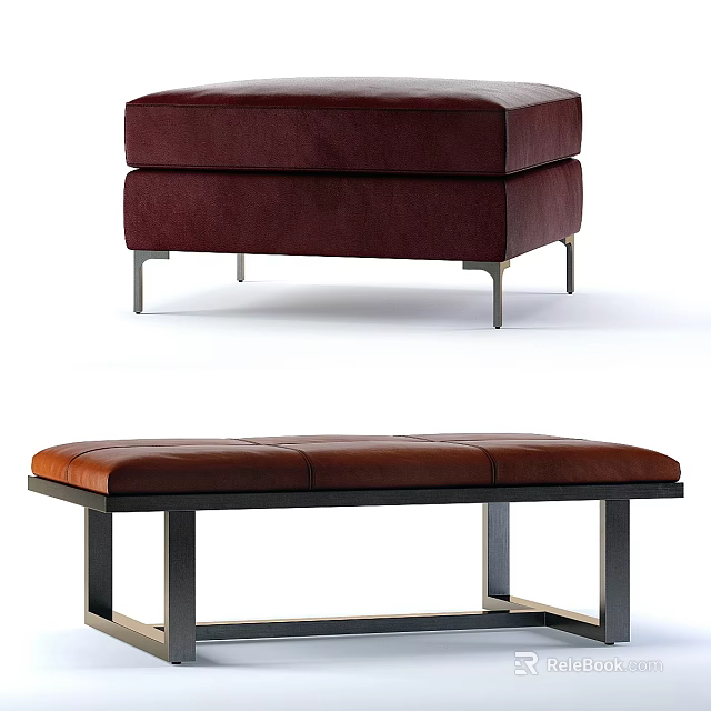 Burgundy Square And Brown Rectangular Leather Ottoman Benches With Metal Legs And Modern Design 3d model 