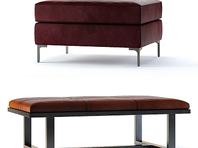 Burgundy Square And Brown Rectangular Leather Ottoman Benches With Metal Legs And Modern Design 3d model