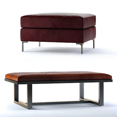 Burgundy Square And Brown Rectangular Leather Ottoman Benches With Metal Legs And Modern Design 3d model