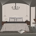 Elegant Beige Bedroom Interior Design With Arched Ceiling Chandelier Nightstands Area Rug And Accent Chair