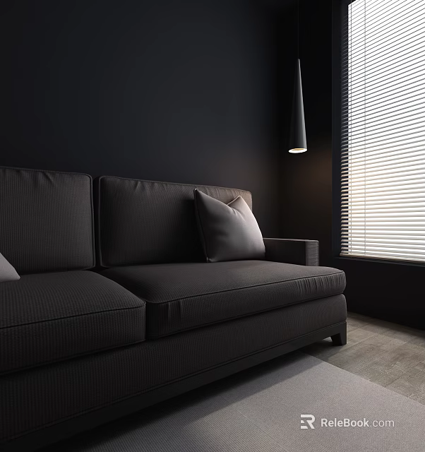 Dark Gray Two Seater Sofa With Cushions Floor Lamp And Window Blinds 3d model