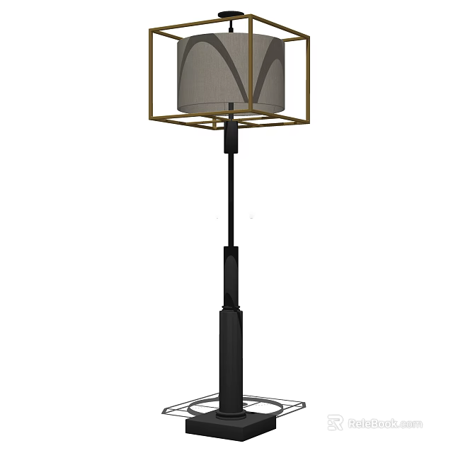 Contemporary Floor Lamp With Black Metal Stand And Gray Fabric Shade For Living Room 3d model 