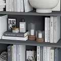 Stylish Decorative Ornaments Set With Ceramic Bowl Sculptural Decor And Books On Shelf