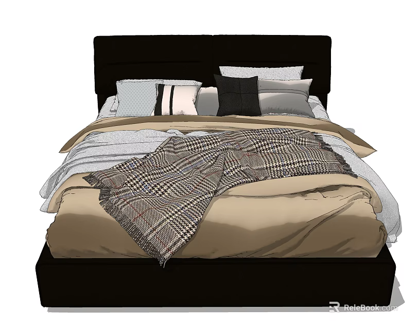 Double Bed With Black Headboard Multiple Pillows Plaid Blanket And Beige Bedspread 3d model