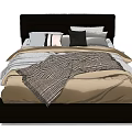 Double Bed With Black Headboard Multiple Pillows Plaid Blanket And Beige Bedspread 3d model