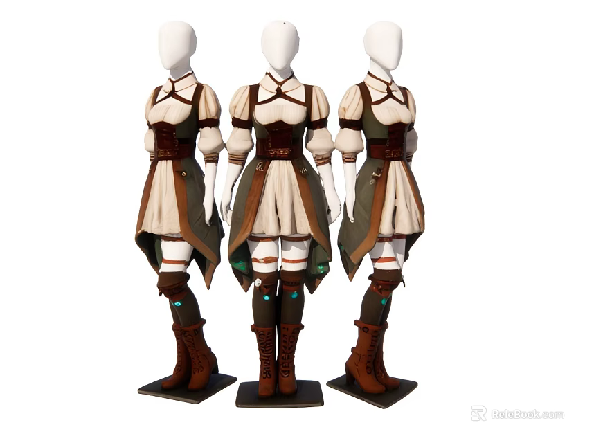 Three Fashion Models Wearing Cream Dresses With Brown Belts And Knee High Boots 3d model 