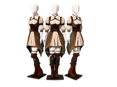 Three Fashion Models Wearing Cream Dresses With Brown Belts And Knee High Boots 3d model