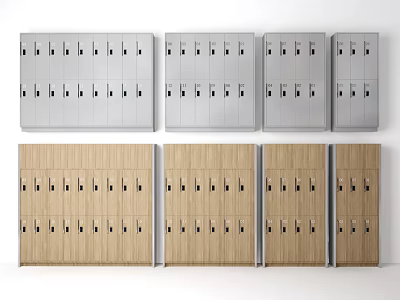 Multiple Grey And Wooden Wardrobes With Lockable Storage Doors Arranged In Rows 3d model