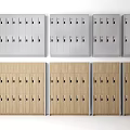 Multiple Grey And Wooden Wardrobes With Lockable Storage Doors Arranged In Rows