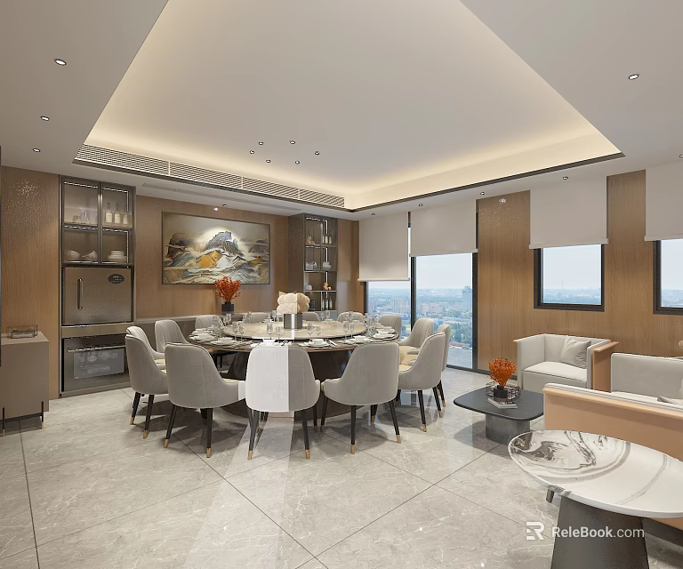 Private Dining Room Modern Interior With Dining Table Chairs Sofa And Large Windows 3d model