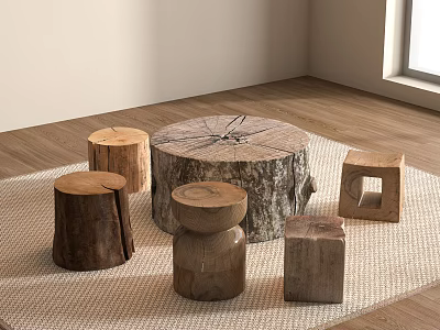 Wooden Stools In Various Shapes Including Tree Stump Round And Square On Rug 3d model