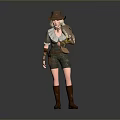 Woman Wearing Cowboy Hat Leather Armor Arm Guard Shorts And Brown Boots
