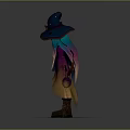 Young Witch In Colorful Cloak Holding Purple Broom With Orange Sprites And Green Glow
