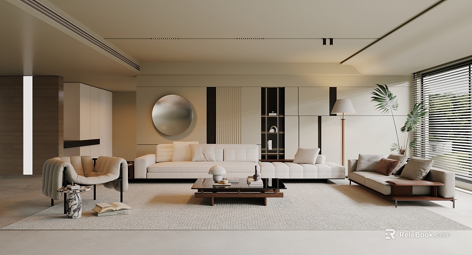 Modern Living Room Interior With White Sofa Coffee Table Decorative Mirror And Floor Lamp 3d model 