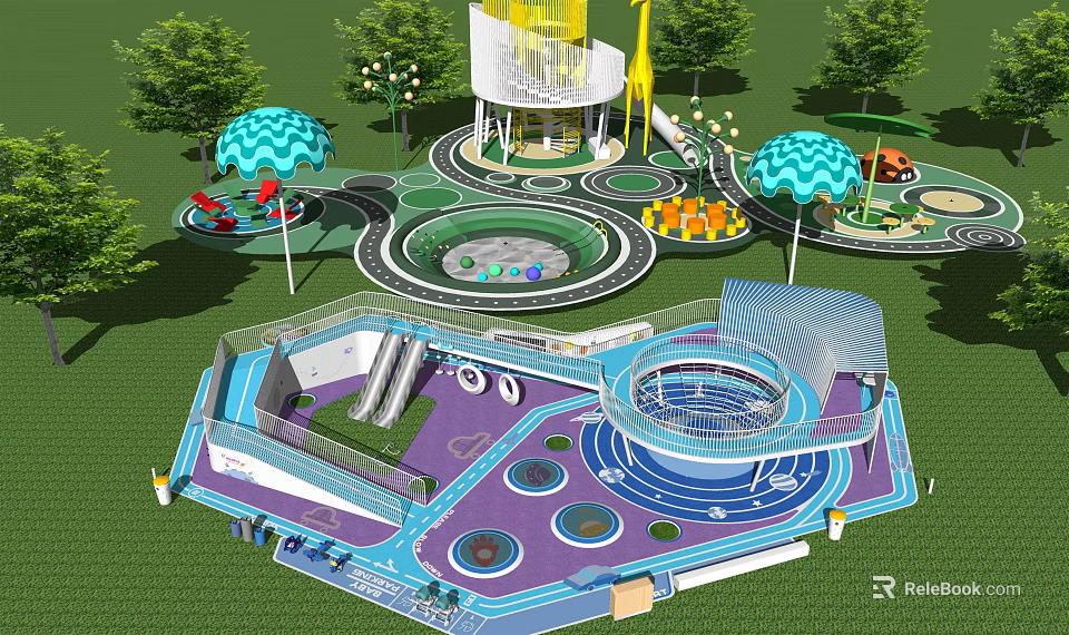 Modern Colorful Children's Playground With Slides Circular Play Areas And Shade Structures 3d model 