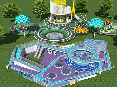Modern Colorful Children's Playground With Slides Circular Play Areas And Shade Structures 3d model