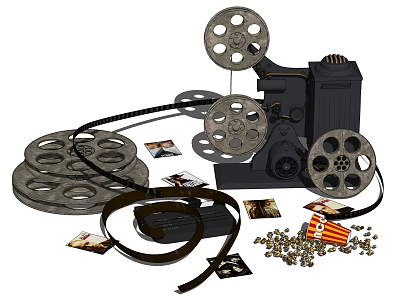 Projection Monitoring System With Vintage Movie Projector Film Reels Photos And Popcorn 3d model
