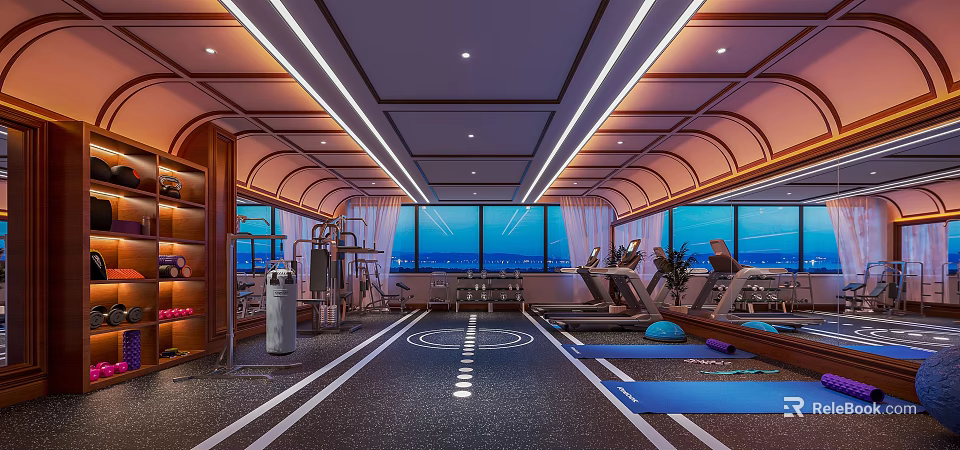 Modern Fitness Gym Interior Featuring Large Windows Workout Equipment Track Lines And Yoga Mats 3d model 