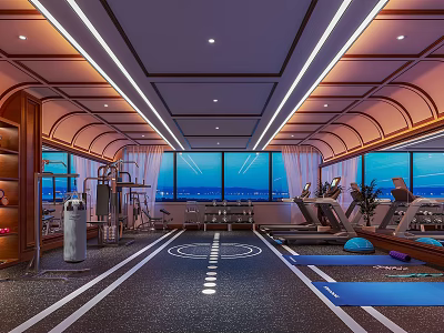Modern Fitness Gym Interior Featuring Large Windows Workout Equipment Track Lines And Yoga Mats 3d model