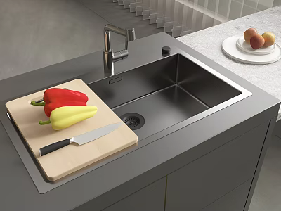 Stainless Steel Kitchen Sink with Cutting Board Bell Peppers Knife and Faucet on Gray Countertop 3d model
