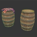 Two Rustic Wooden Barrels As Household Items With Striped Cloth Cover