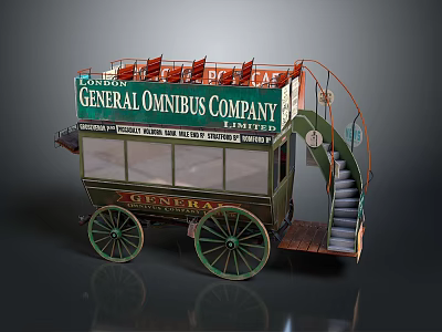 Vintage General Omnibus Company Horse Drawn Bus With Green Body Staircase And Open Top Seats 3d model