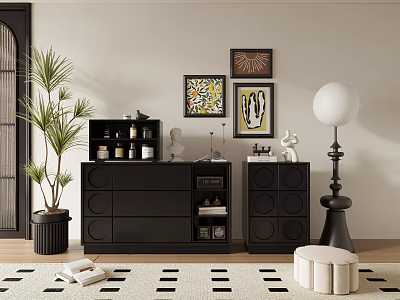 Modern Black TV Stand with Decorative Items Symmetric Cabinets Wall Art Floor Lamp Green Plant 3d model