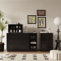 Modern Black TV Stand with Decorative Items Symmetric Cabinets Wall Art Floor Lamp Green Plant