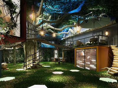 Indoor Forest Themed Space With Large Tree Wooden Stairs And Greenery Lighting 3d model