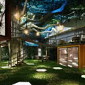 Indoor Forest Themed Space With Large Tree Wooden Stairs And Greenery Lighting