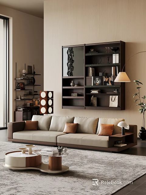 Modern Living Room Interior With Beige Sofa Dark Display Shelf Floor Lamp And Decorative Plants 3d model 