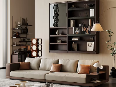 Modern Living Room Interior With Beige Sofa Dark Display Shelf Floor Lamp And Decorative Plants 3d model