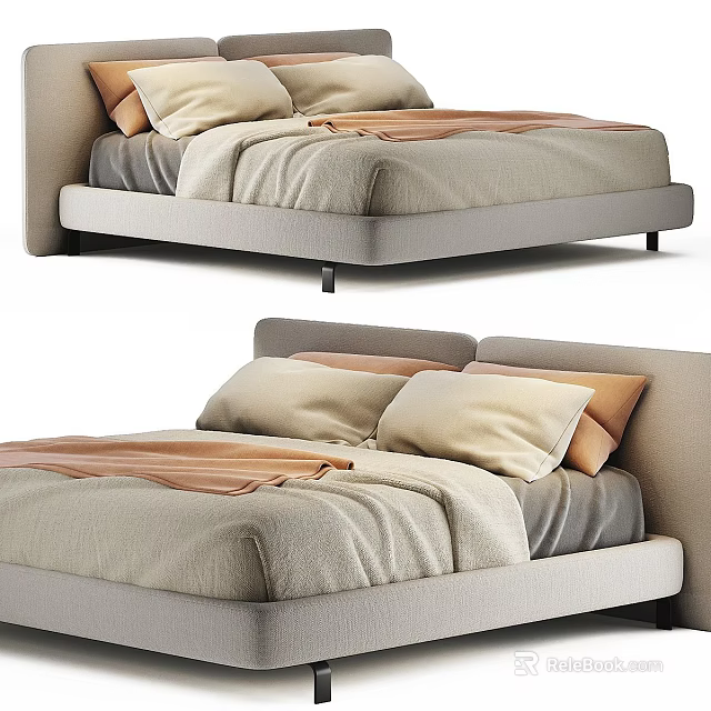 Modern Beige Bed Frame Interior With Soft Pillows Brown Blanket And Cozy Bedspread 3d model 
