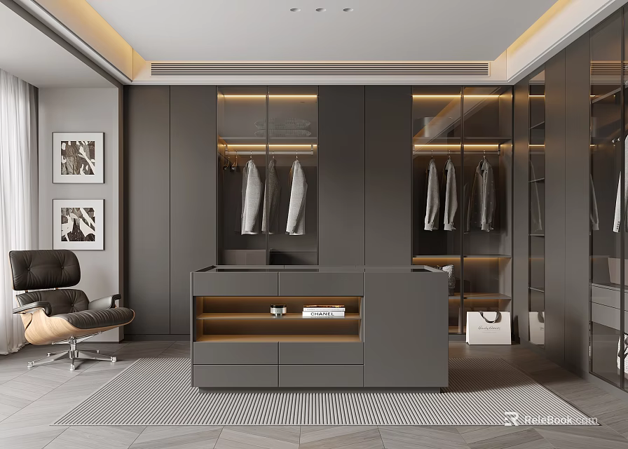 Modern Walk in Closet Interior With Gray Cabinets Hanging Clothes And Central Counter 3d model 