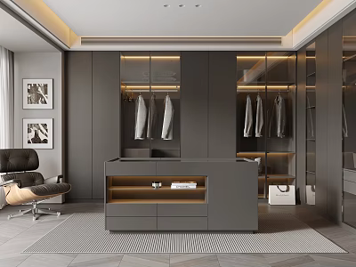 Modern Walk in Closet Interior With Gray Cabinets Hanging Clothes And Central Counter 3d model