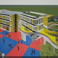 Yellow White School Building Featuring Circular Design Green Roof Colorful Playground And Children Playing Area
