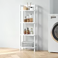 Laundry Room Organizer With White Shelf Holding Towels And Cleaning Products Next To Washing Machine
