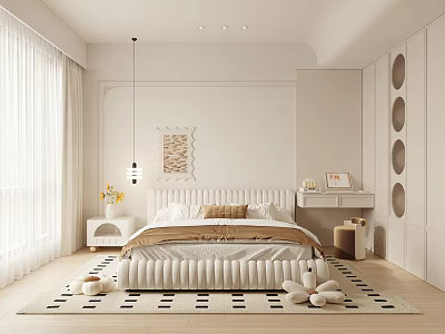 Modern Bedroom Interior Design With White Upholstered Bed And Geometric Area Rug 3d model