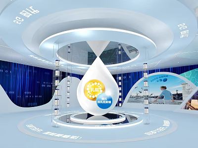 Water Drop Shaped Display Installation In Modern Tech Exhibition With Screens And Columns 3d model