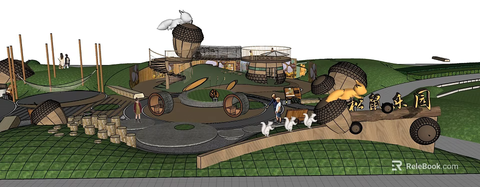 Children's Playground Design With Acorn Shaped Structures Circular Paths And Goose Sculptures 3d model 