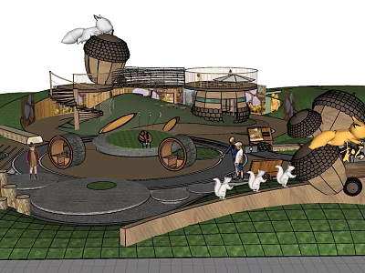 Children's Playground Design With Acorn Shaped Structures Circular Paths And Goose Sculptures 3d model