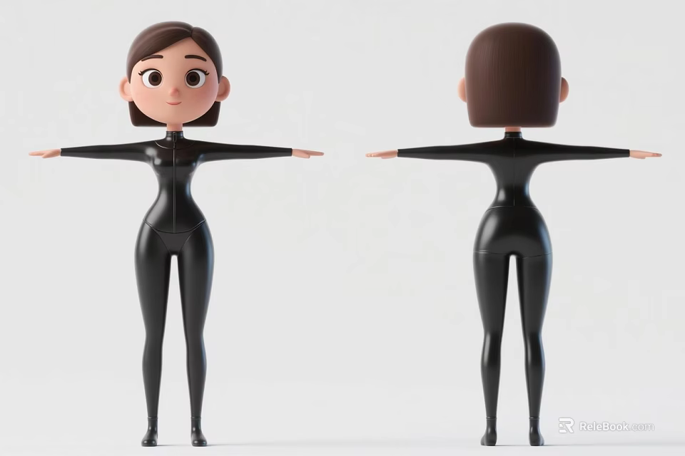 3D Model Woman in Black Tight Suit with Front and Back Views and Arms Outstretched 3d model 
