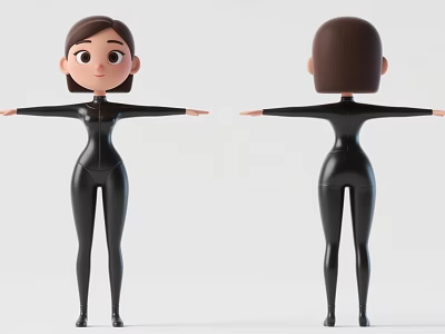 3D Model Woman in Black Tight Suit with Front and Back Views and Arms Outstretched 3d model